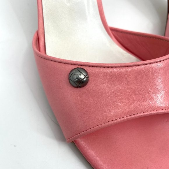 CHANEL Pink Y2K Square Toe Leather Slip On CC Logo Sandals Heels Size 7 - Picture 7 of 7
